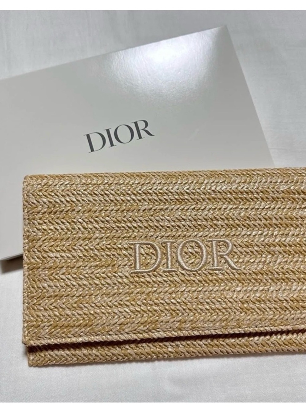 GWP- Dior Natural Raffia Fold-Over Clutch with Embroidered Logo